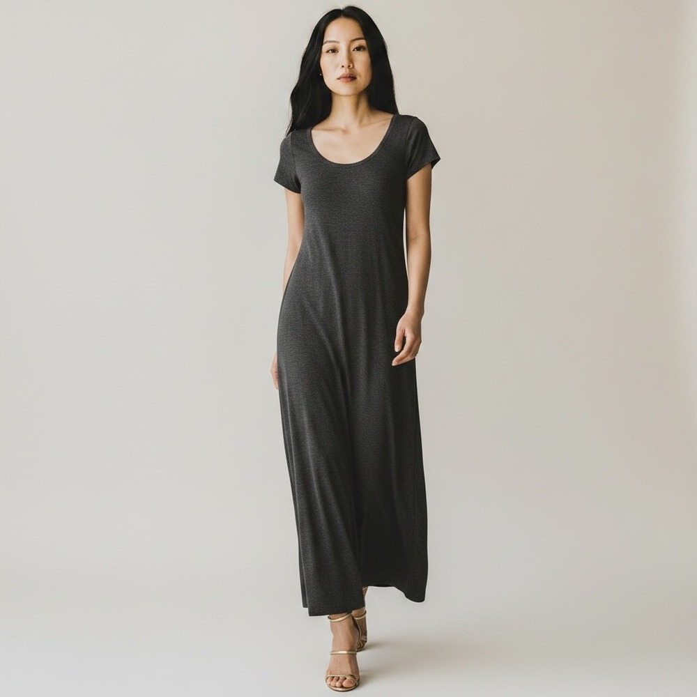 Eileen Fisher Maxi Dress S Charcoal A-Line Italian Yarn Raw-Edge Hem Chic